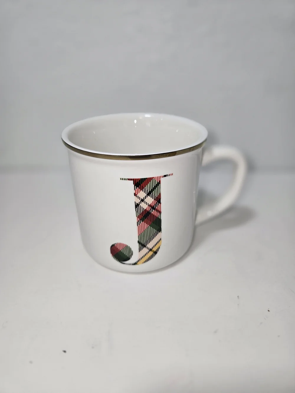 Pottery Barn White Mug with Plaid 'J' and Gold Rim